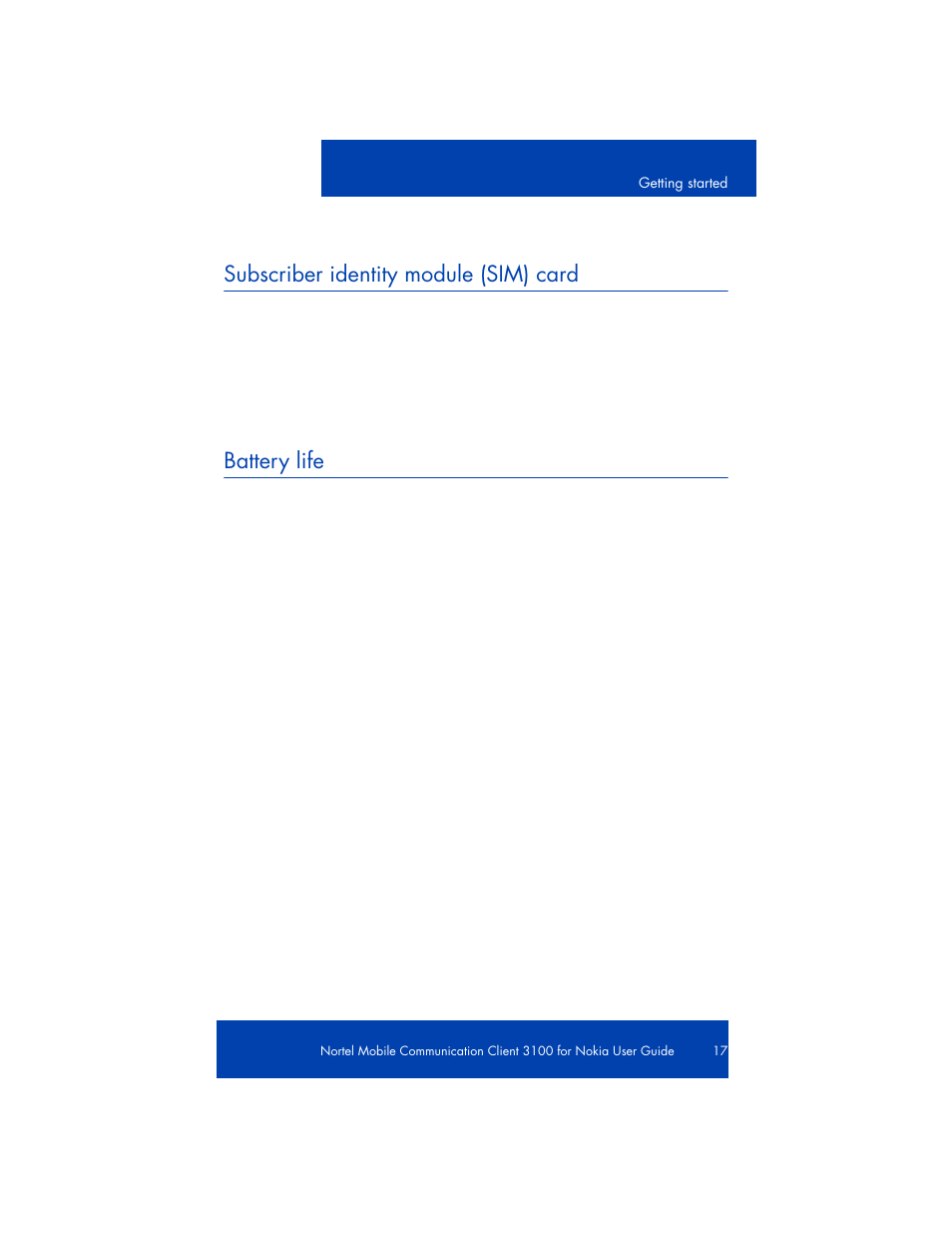 Subscriber identity module (sim) card, Battery life | Nortel Networks NN42030-102 User Manual | Page 17 / 78