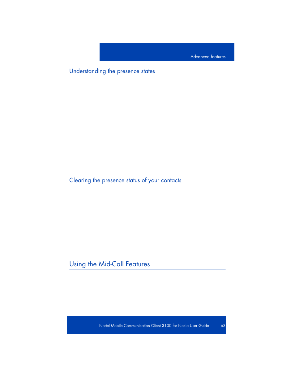 Clearing the presence status of your contacts, Using the mid-call features | Nortel Networks NN42030-102 User Manual | Page 63 / 78