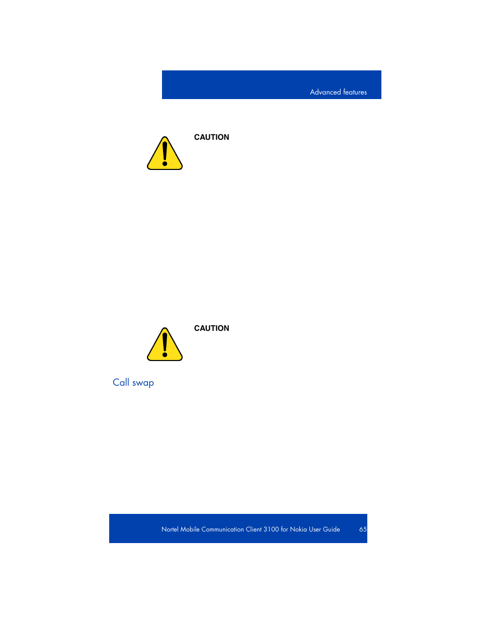 Caution, Supervised transferring a call, Swapping between two parties | Nortel Networks NN42030-102 User Manual | Page 65 / 78