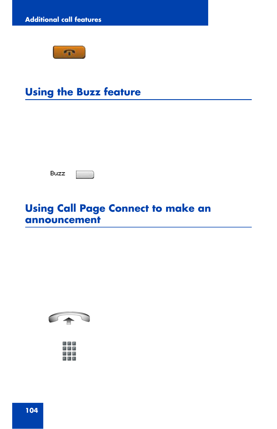 Using the buzz feature, Using call page connect to make an announcement | Nortel Networks 1120 User Manual | Page 104 / 160