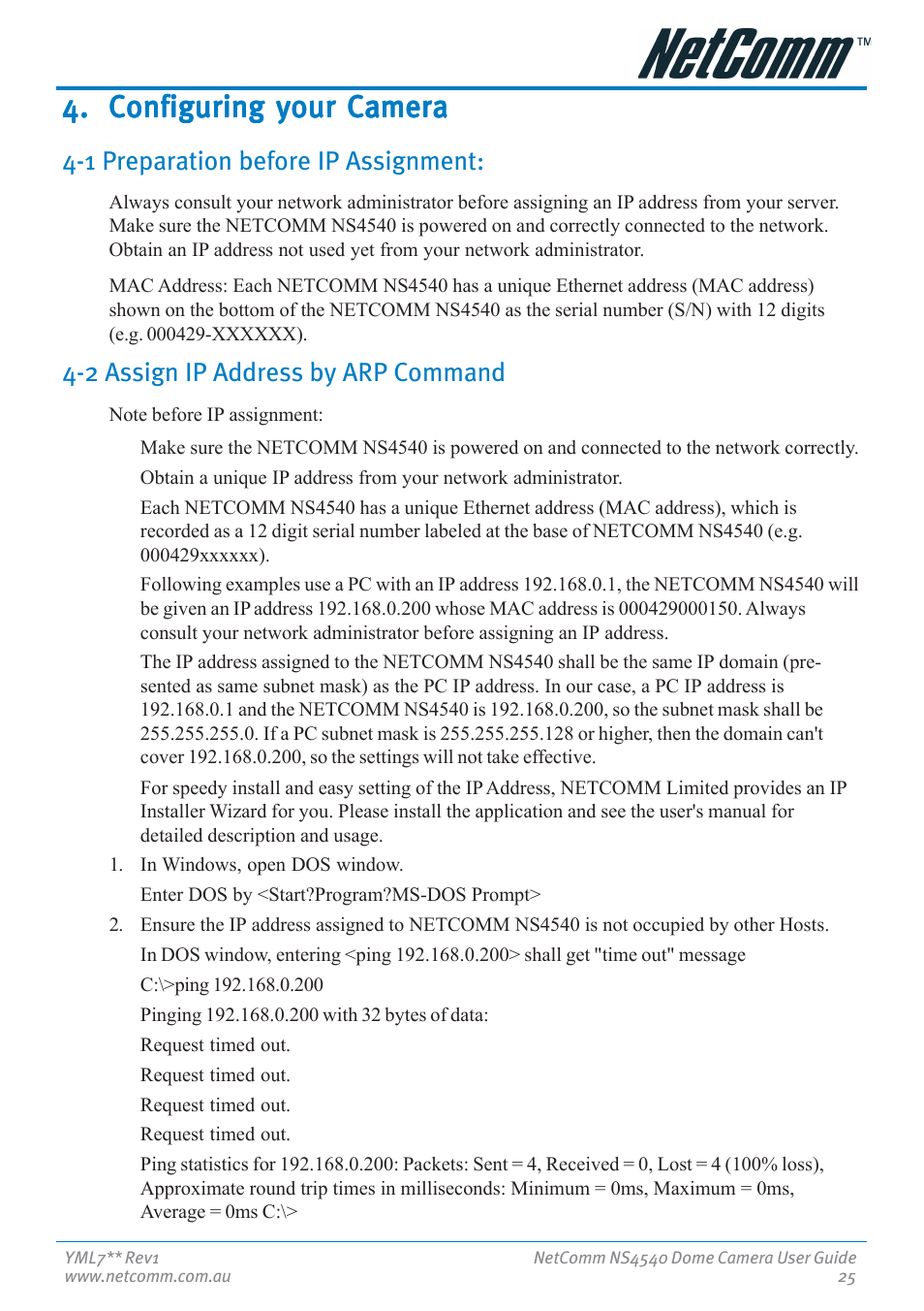 Configuring your camera, 1 preparation before ip assignment, 2 assign ip address by arp command | Nortel Networks NS4540 User Manual | Page 25 / 58