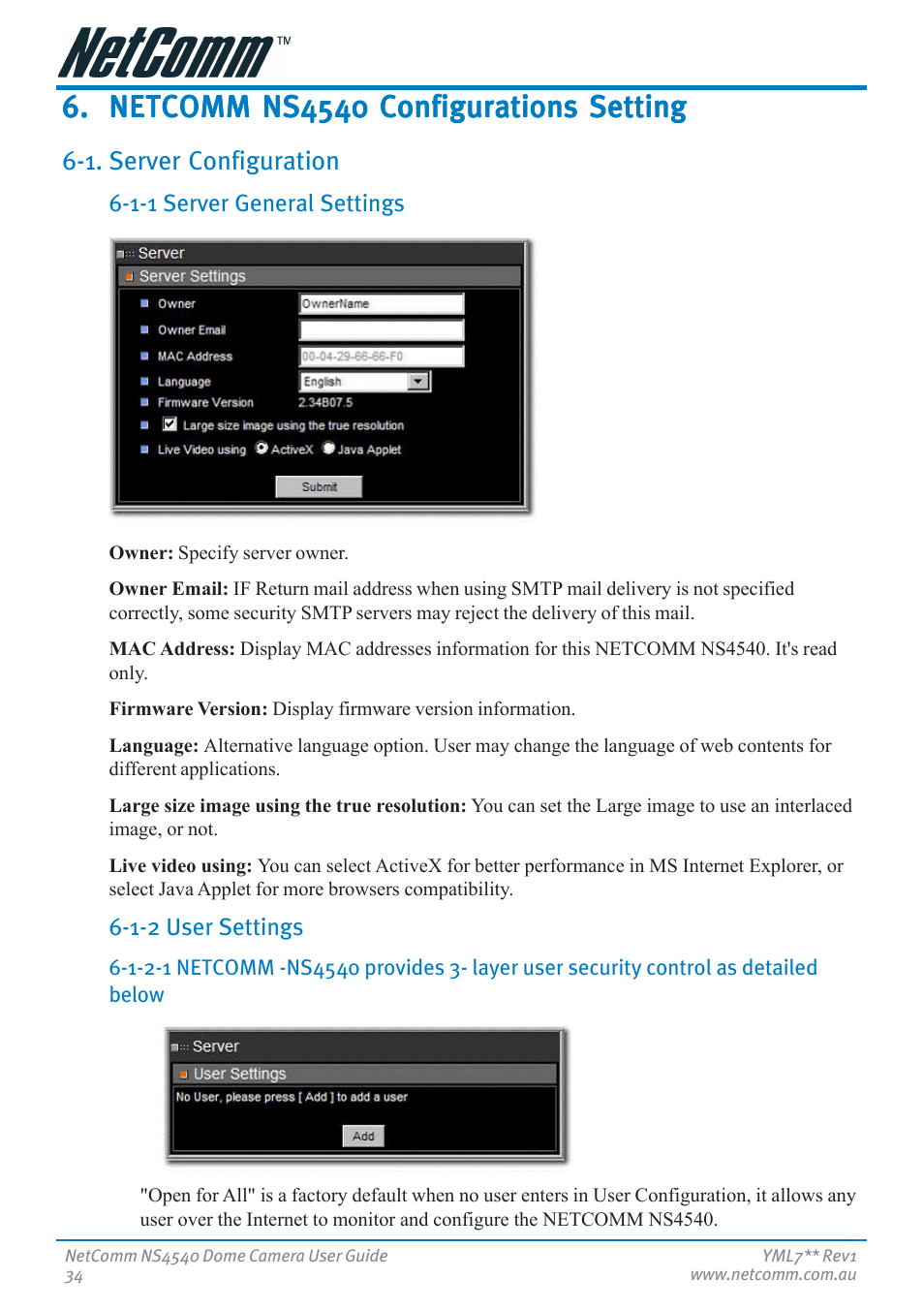 Netcomm ns4540 configurations setting, 1. server configuration, 1-1 server general settings | 1-2 user settings, 1.server configuration, 1-1 server general settings 6-1-2 user settings | Nortel Networks NS4540 User Manual | Page 34 / 58