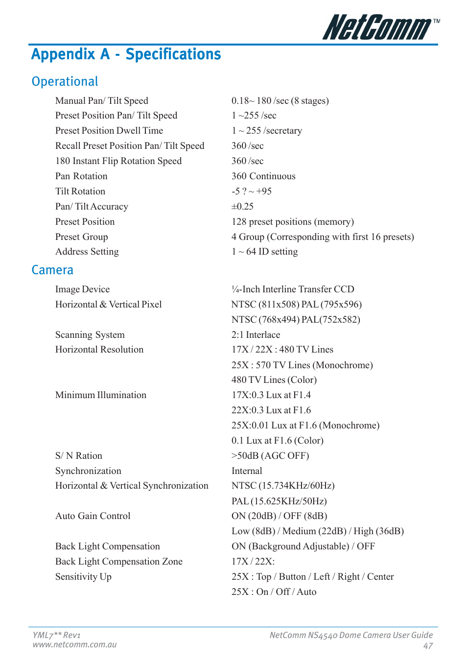 Appendix a - specifications, Operational, Camera | Operational camera | Nortel Networks NS4540 User Manual | Page 47 / 58