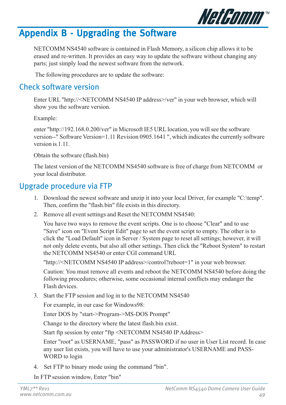 Appendix b - upgrading the software, Check software version, Upgrade procedure via ftp | Check software version upgrade procedure via ftp | Nortel Networks NS4540 User Manual | Page 49 / 58