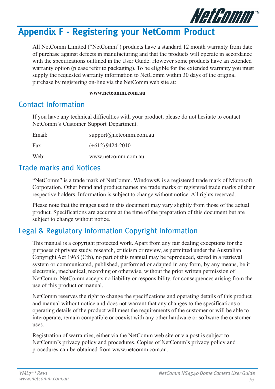 Appendix f - registering your netcomm product, Contact information, Trade marks and notices | Nortel Networks NS4540 User Manual | Page 55 / 58