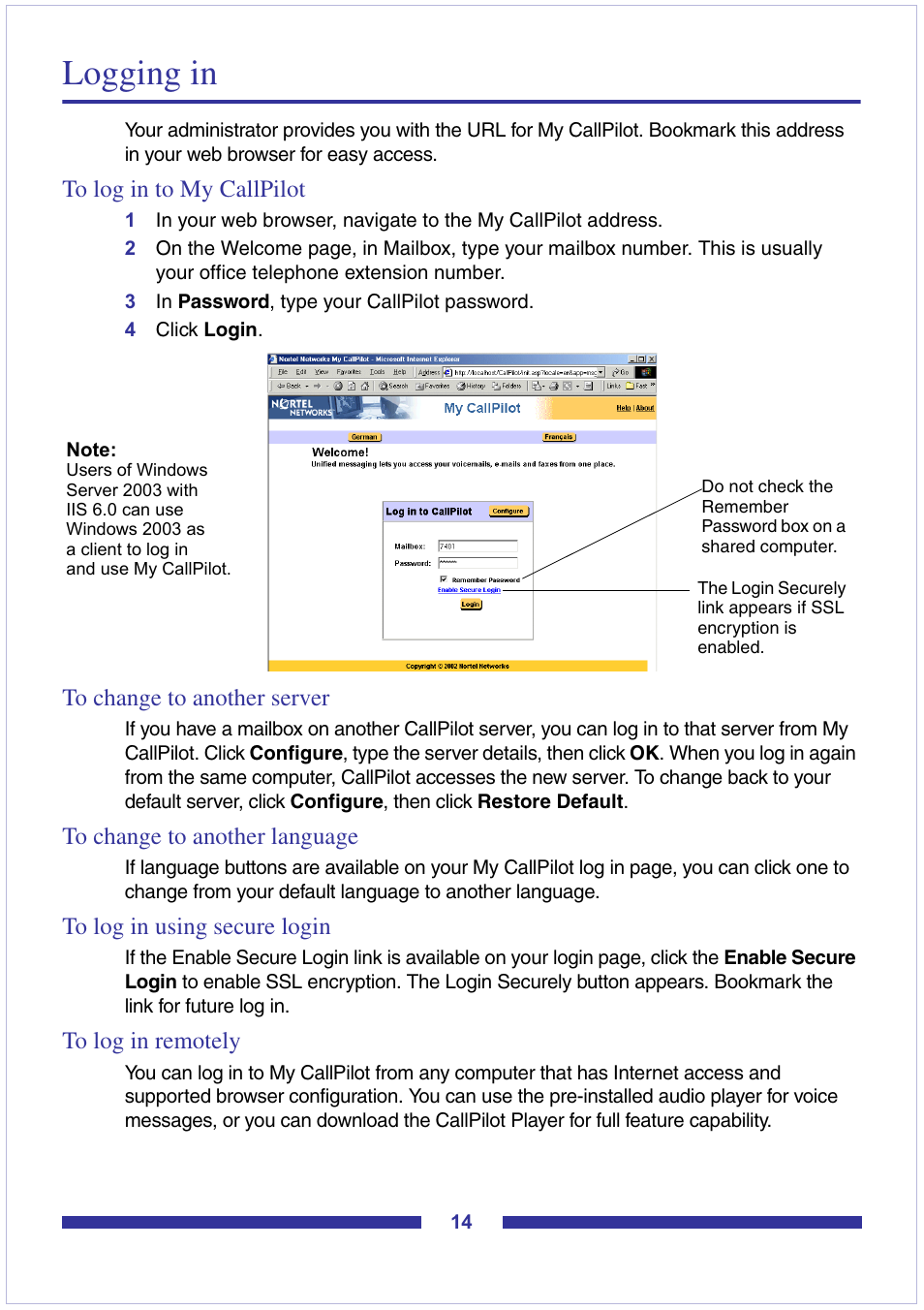 Logging in, To log in to my callpilot, To change to another server | To change to another language, To log in using secure login, To log in remotely | Nortel Networks CallPilot Desktop Messaging User Manual | Page 14 / 72