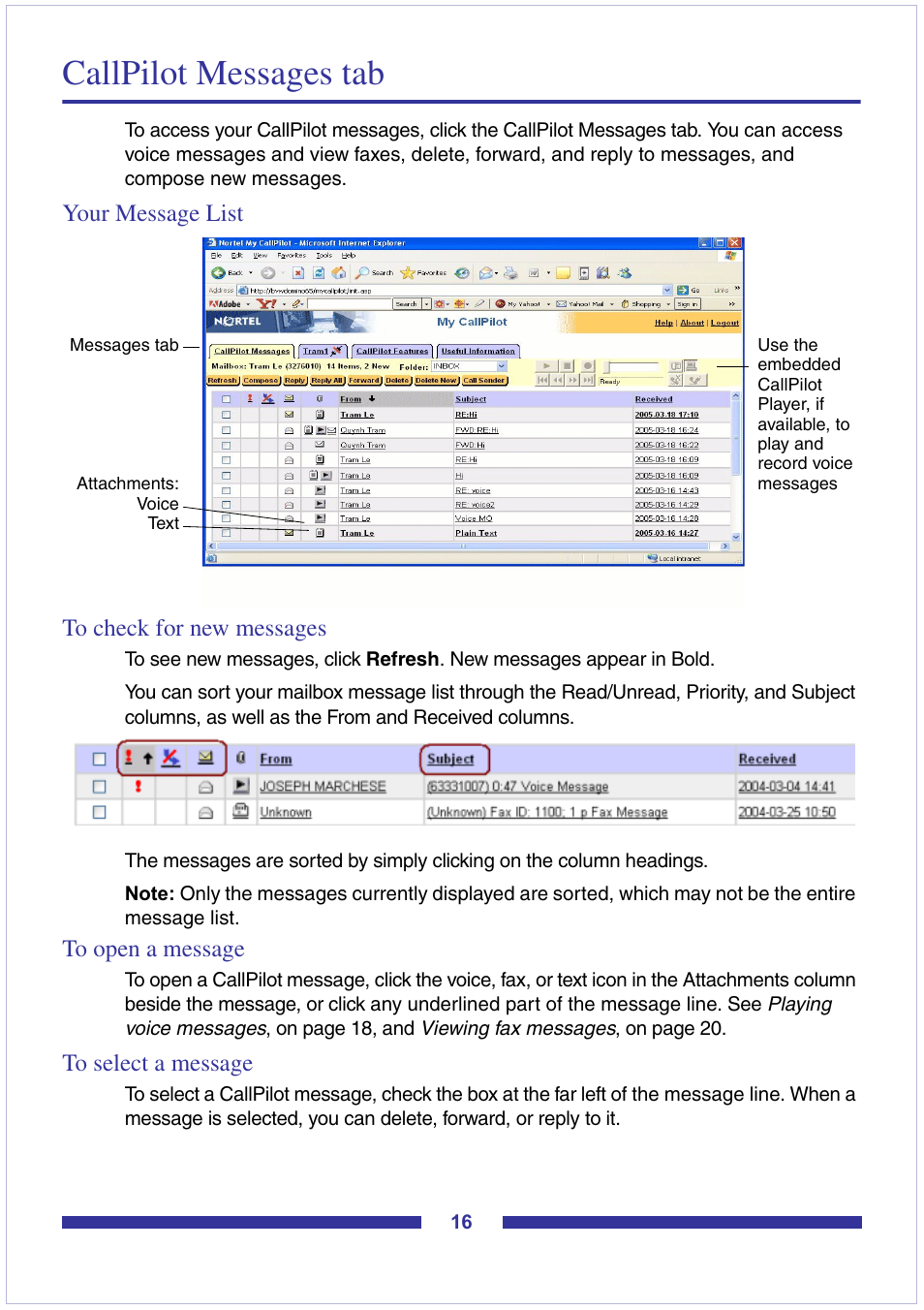 Callpilot messages tab, Your message list, To check for new messages | To open a message, To select a message | Nortel Networks CallPilot Desktop Messaging User Manual | Page 16 / 72