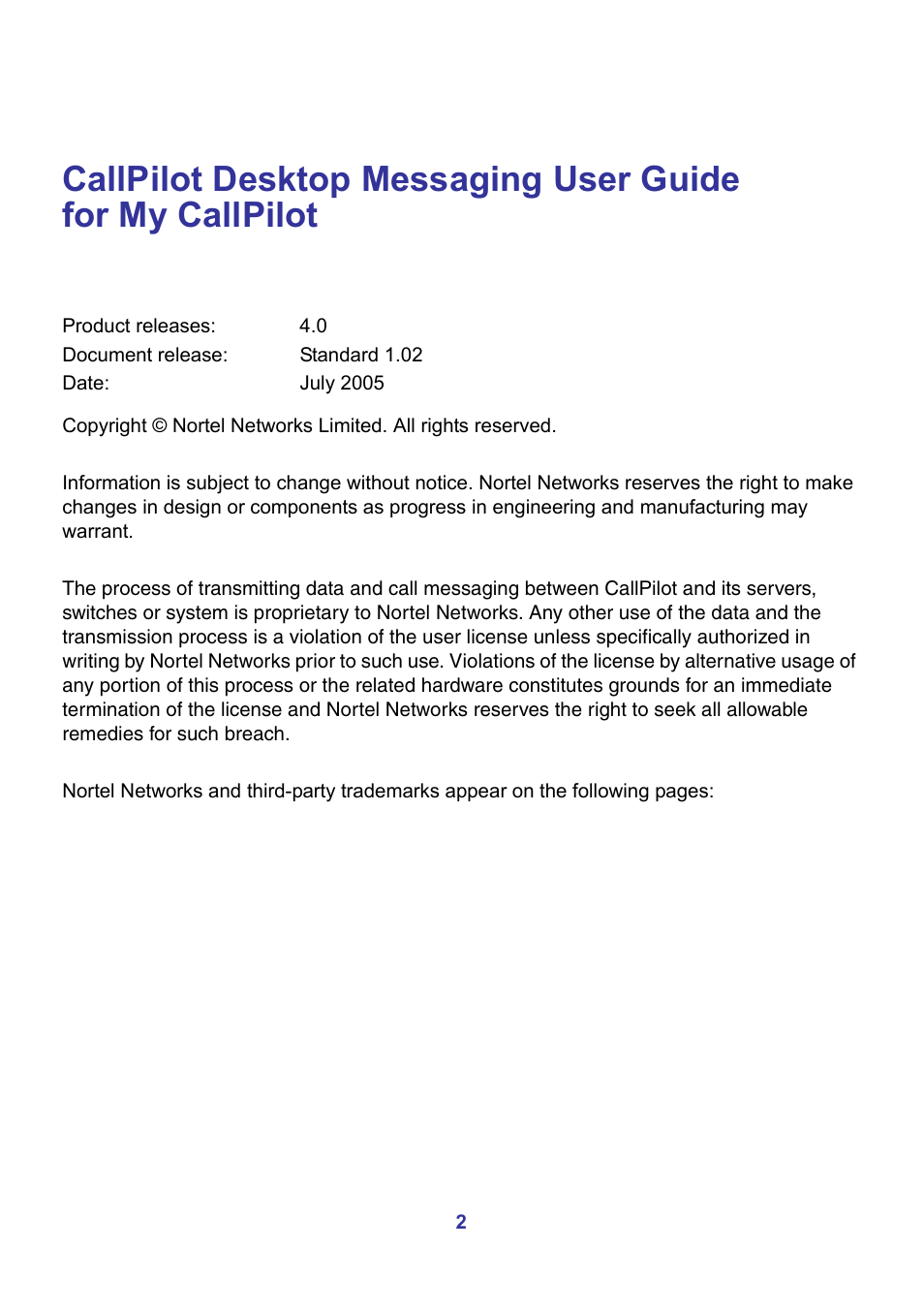 Nortel Networks CallPilot Desktop Messaging User Manual | Page 2 / 72