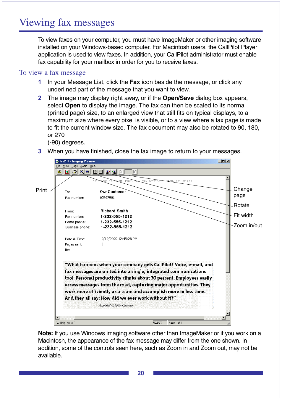 Viewing fax messages, To view a fax message | Nortel Networks CallPilot Desktop Messaging User Manual | Page 20 / 72