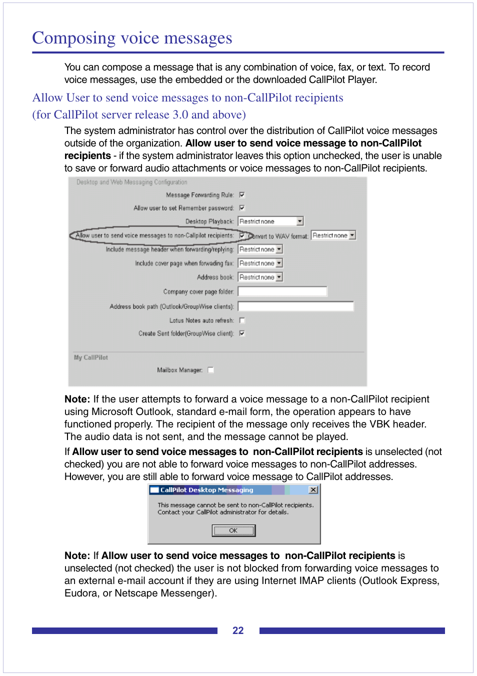Composing voice messages, For callpilot server release 3.0 and above) | Nortel Networks CallPilot Desktop Messaging User Manual | Page 22 / 72
