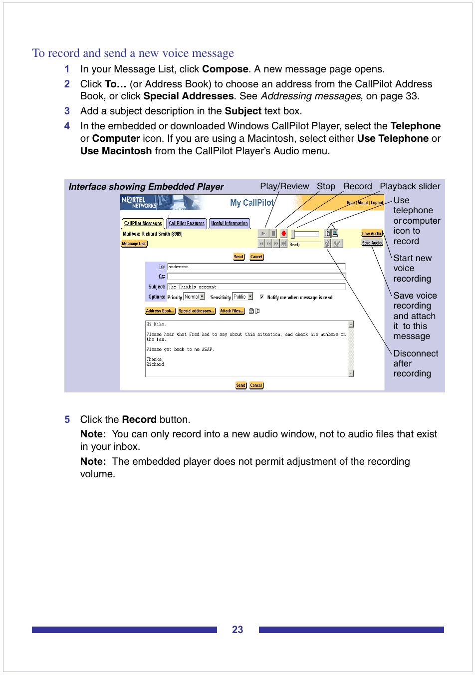 To record and send a new voice message | Nortel Networks CallPilot Desktop Messaging User Manual | Page 23 / 72