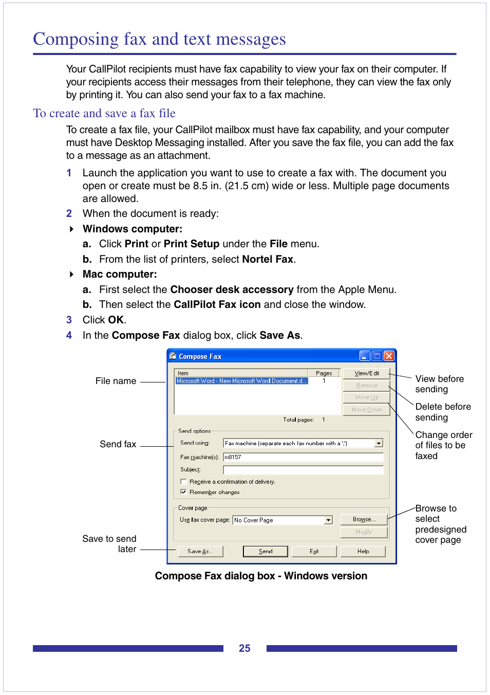 Composing fax and text messages, To create and save a fax file | Nortel Networks CallPilot Desktop Messaging User Manual | Page 25 / 72