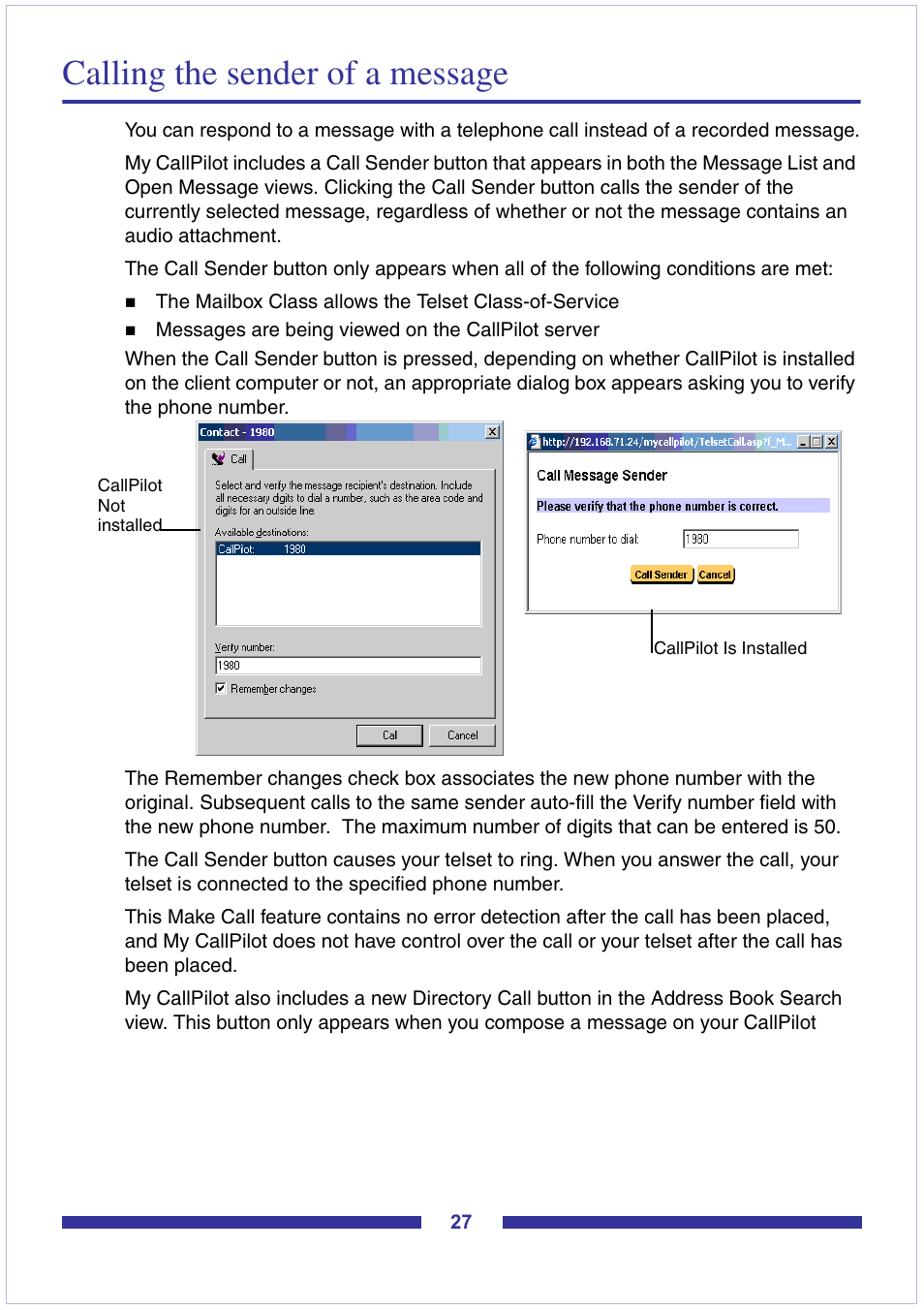 Calling the sender of a message | Nortel Networks CallPilot Desktop Messaging User Manual | Page 27 / 72