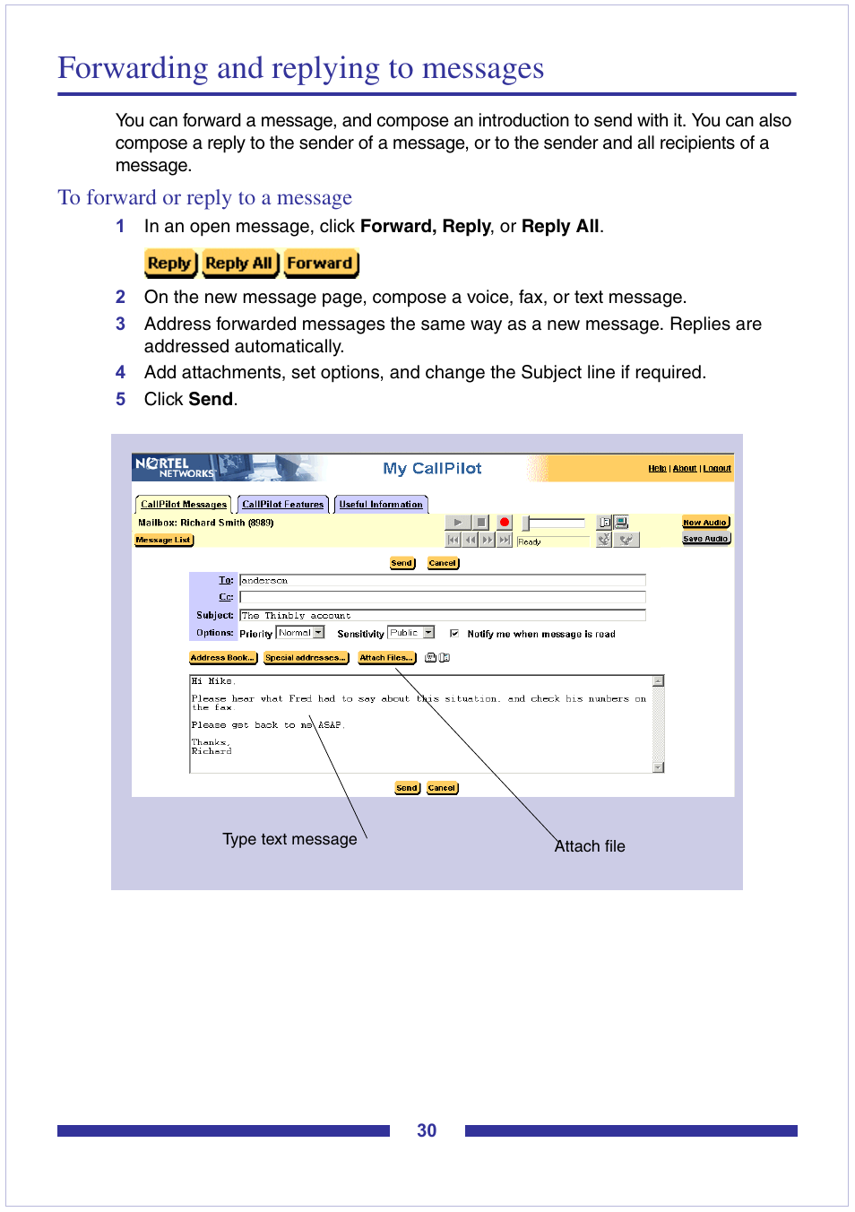 Forwarding and replying to messages, To forward or reply to a message | Nortel Networks CallPilot Desktop Messaging User Manual | Page 30 / 72