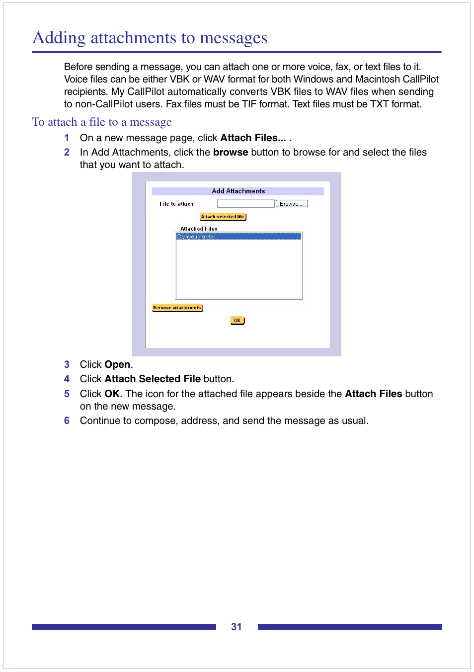 Adding attachments to messages, To attach a file to a message | Nortel Networks CallPilot Desktop Messaging User Manual | Page 31 / 72