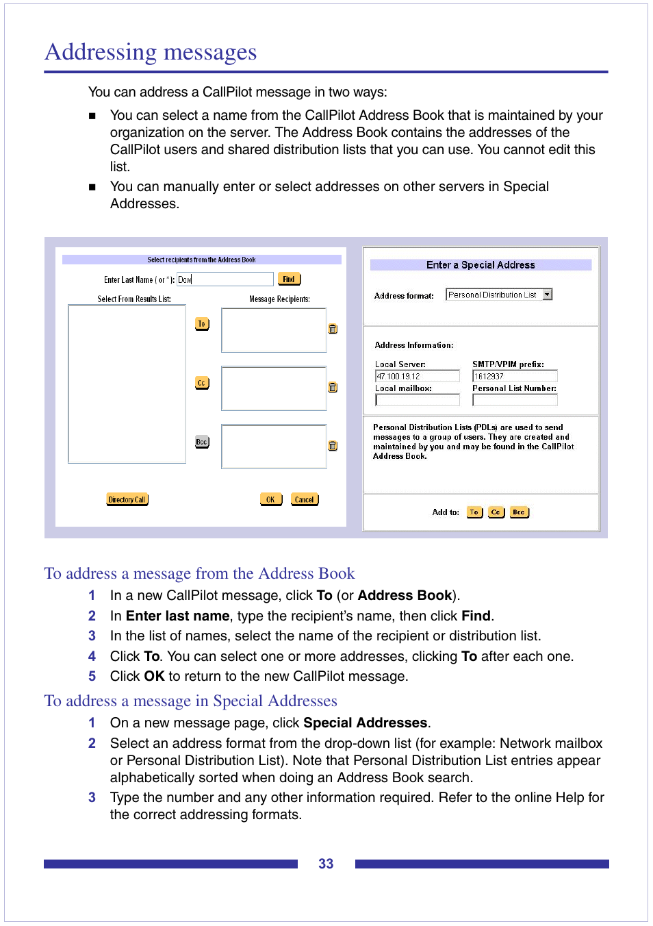 Addressing messages, To address a message from the address book, To address a message in special addresses | Nortel Networks CallPilot Desktop Messaging User Manual | Page 33 / 72