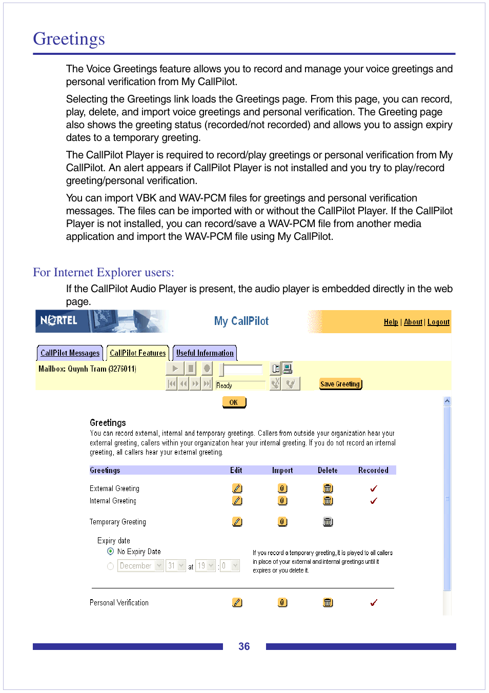 Greetings, For internet explorer users | Nortel Networks CallPilot Desktop Messaging User Manual | Page 36 / 72