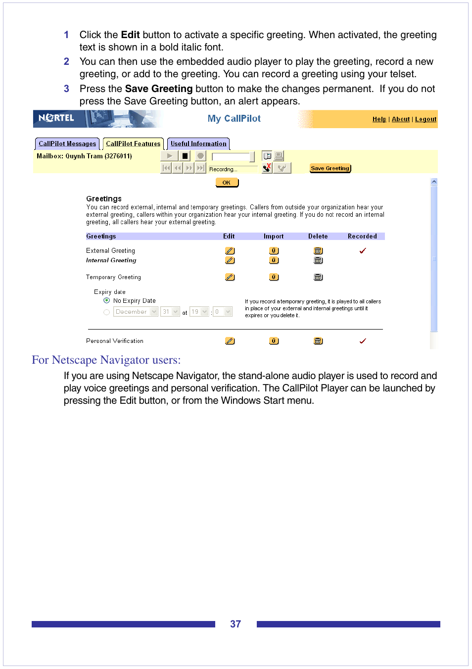 For netscape navigator users | Nortel Networks CallPilot Desktop Messaging User Manual | Page 37 / 72