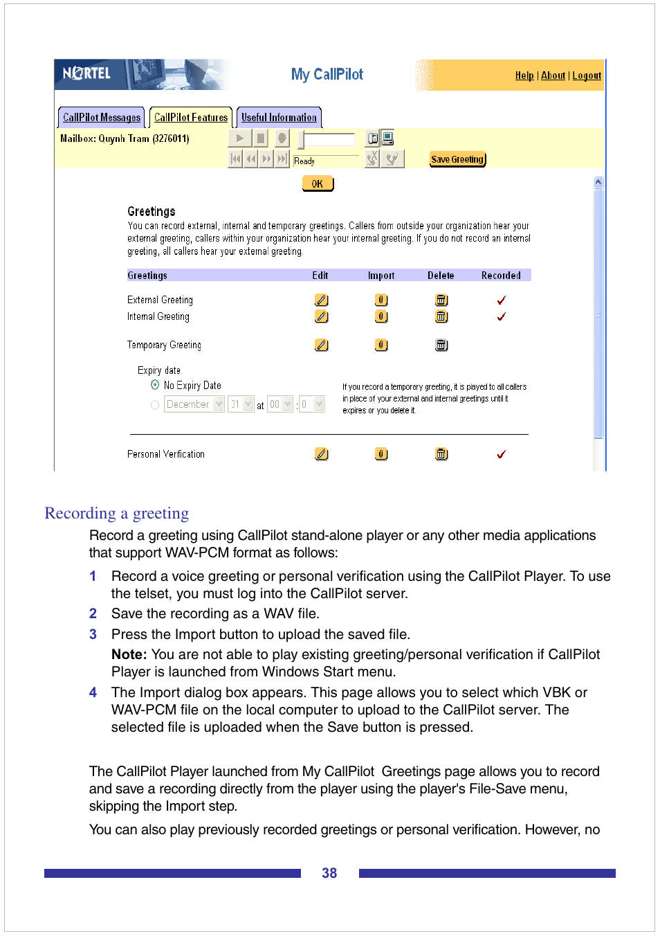 Recording a greeting | Nortel Networks CallPilot Desktop Messaging User Manual | Page 38 / 72