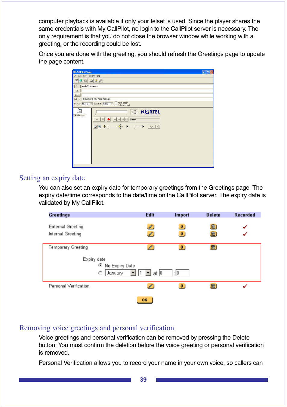 Setting an expiry date, Removing voice greetings and personal verification | Nortel Networks CallPilot Desktop Messaging User Manual | Page 39 / 72