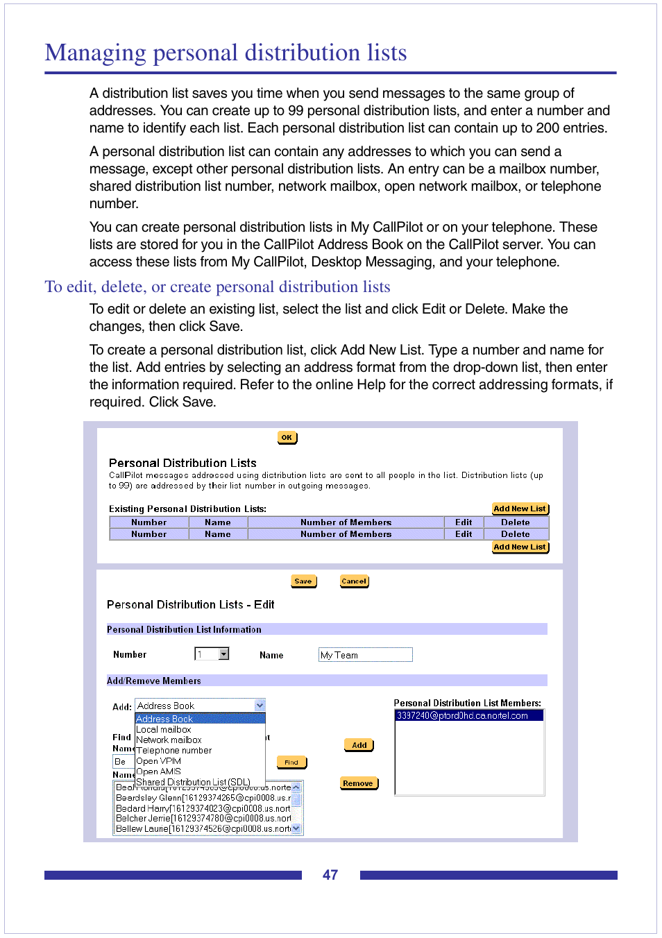 Managing personal distribution lists | Nortel Networks CallPilot Desktop Messaging User Manual | Page 47 / 72