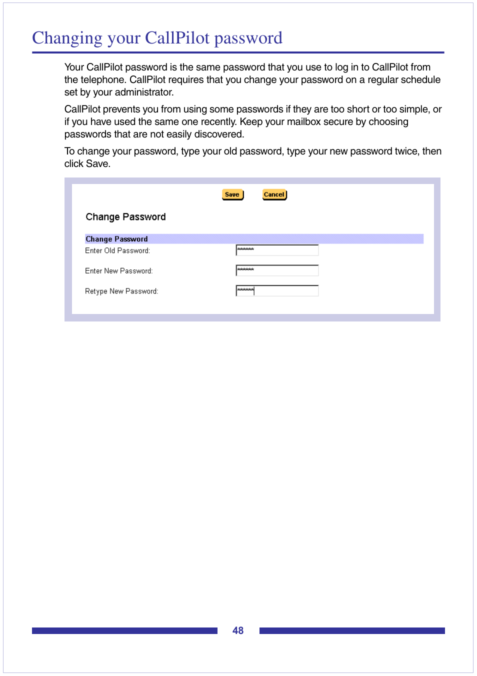 Changing your callpilot password | Nortel Networks CallPilot Desktop Messaging User Manual | Page 48 / 72
