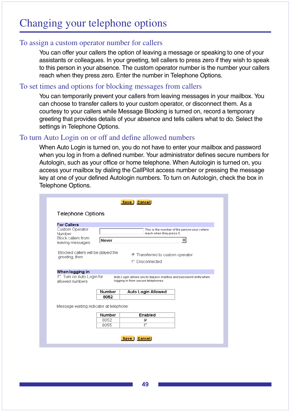 Changing your telephone options, To assign a custom operator number for callers | Nortel Networks CallPilot Desktop Messaging User Manual | Page 49 / 72
