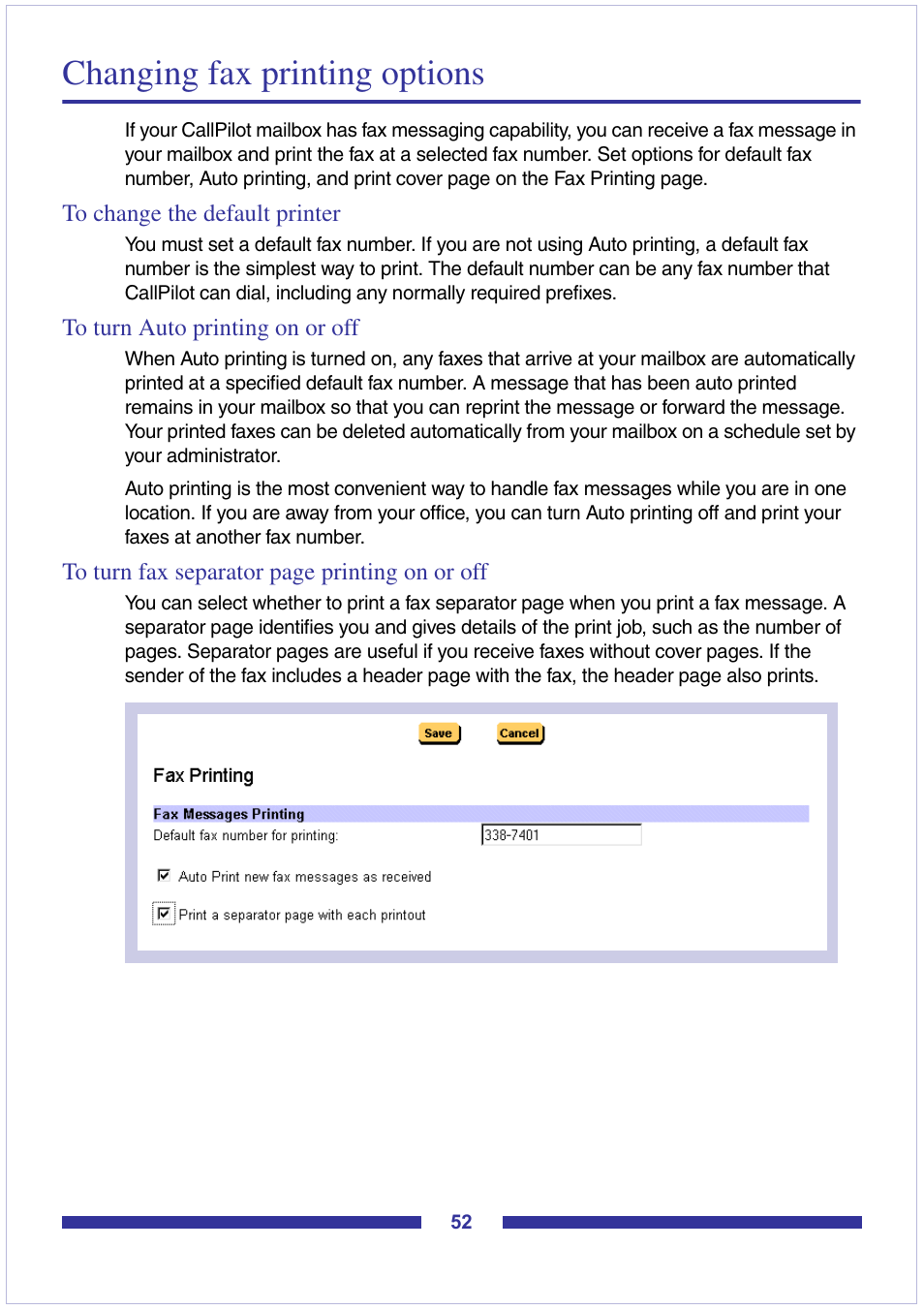 Changing fax printing options, To change the default printer, To turn auto printing on or off | Nortel Networks CallPilot Desktop Messaging User Manual | Page 52 / 72