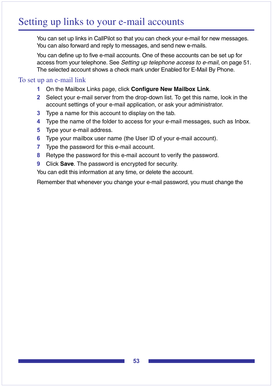 Setting up links to your e-mail accounts, To set up an e-mail link | Nortel Networks CallPilot Desktop Messaging User Manual | Page 53 / 72