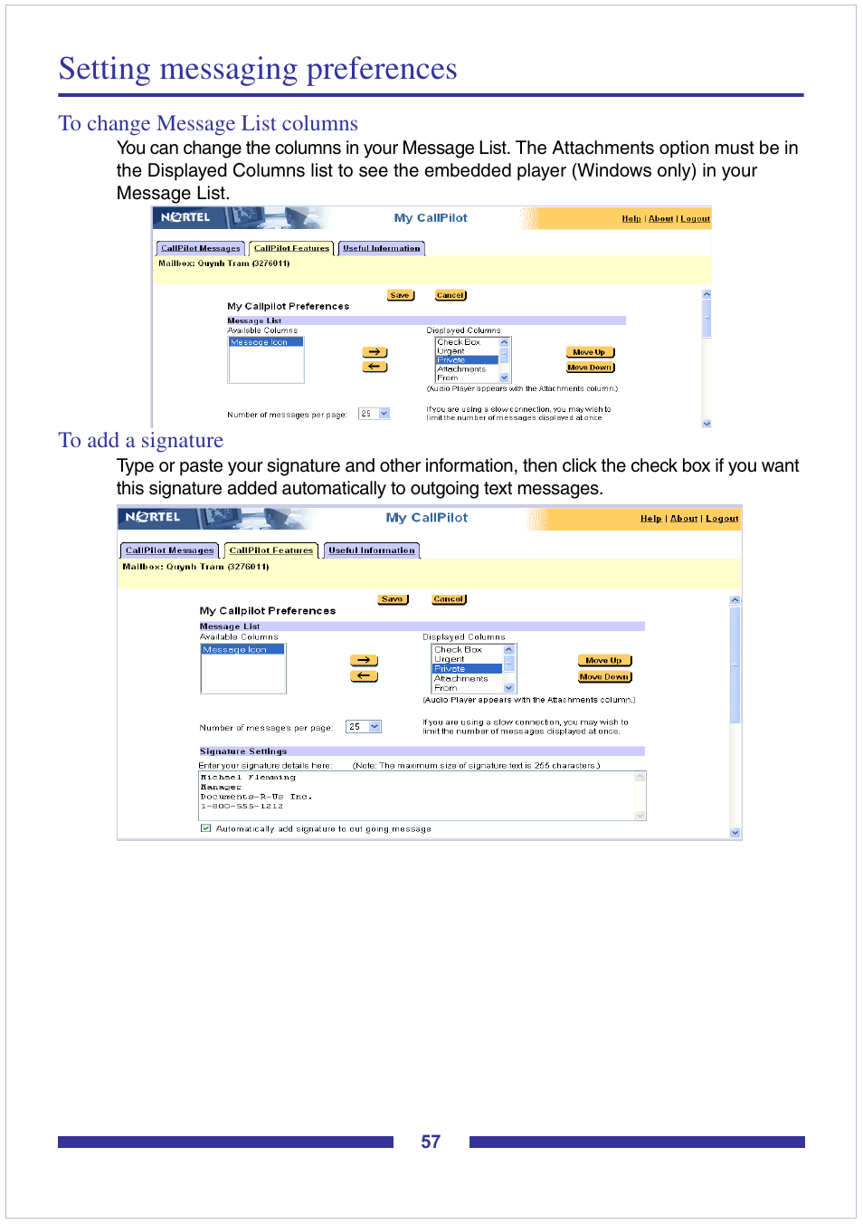 Setting messaging preferences, To change message list columns, To add a signature | Nortel Networks CallPilot Desktop Messaging User Manual | Page 57 / 72