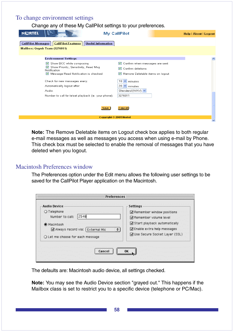 To change environment settings, Macintosh preferences window | Nortel Networks CallPilot Desktop Messaging User Manual | Page 58 / 72