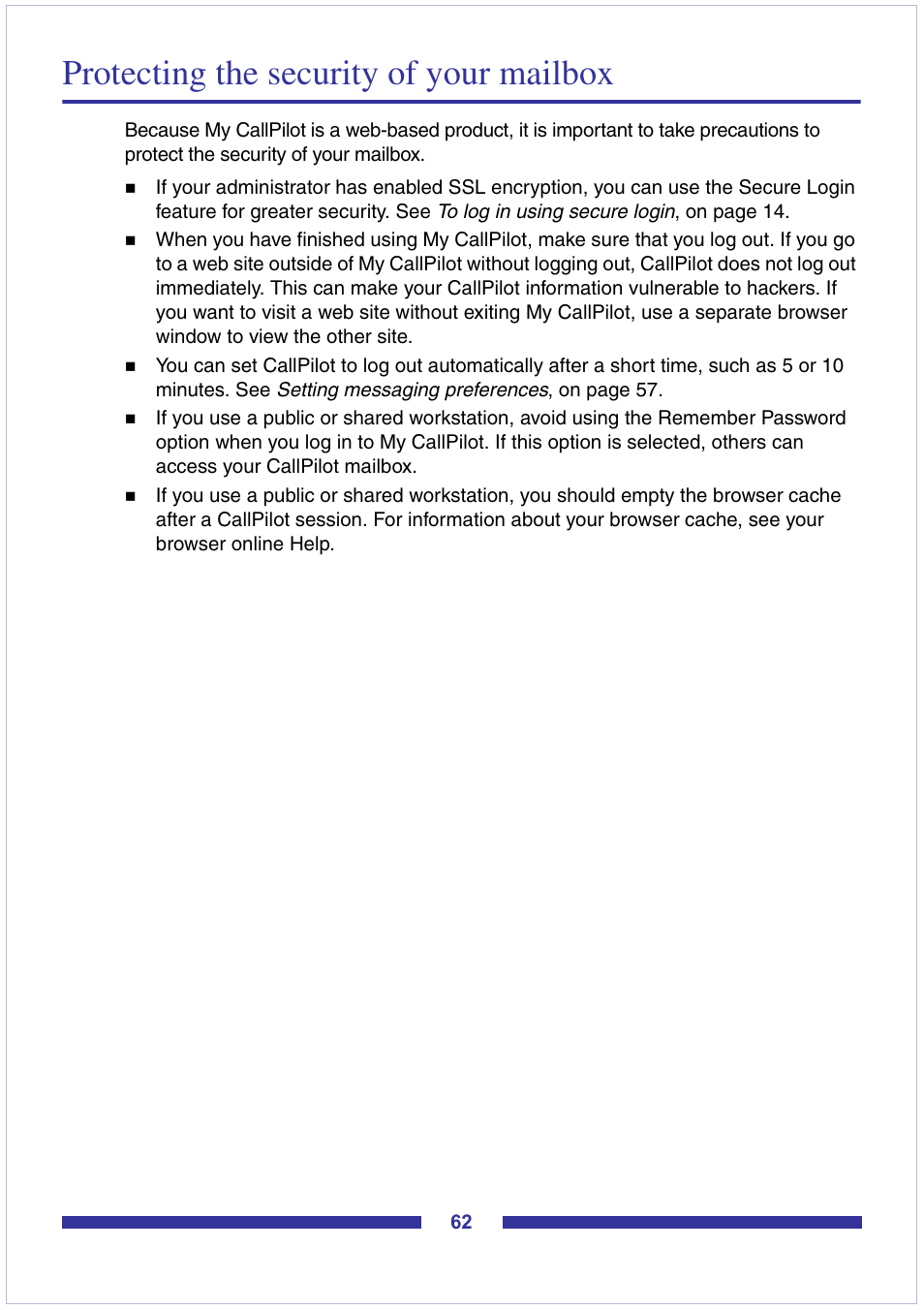 Protecting the security of your mailbox | Nortel Networks CallPilot Desktop Messaging User Manual | Page 62 / 72