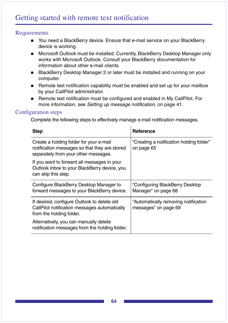 Requirements, Configuration steps, Getting started with remote text notification | Nortel Networks CallPilot Desktop Messaging User Manual | Page 64 / 72