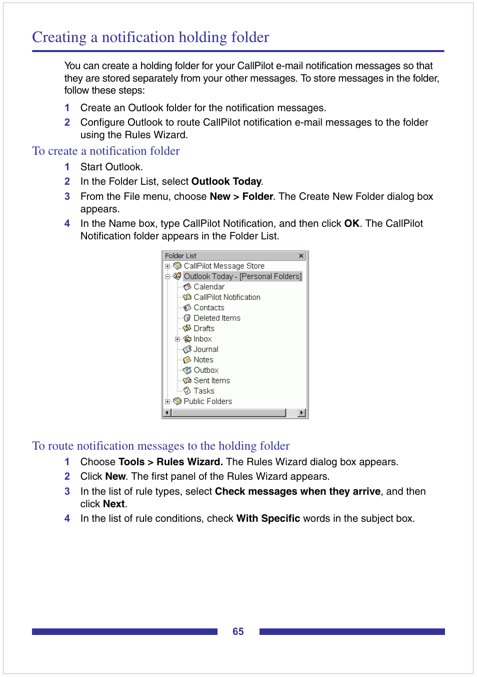 To create a notification folder, Creating a notification holding folder | Nortel Networks CallPilot Desktop Messaging User Manual | Page 65 / 72