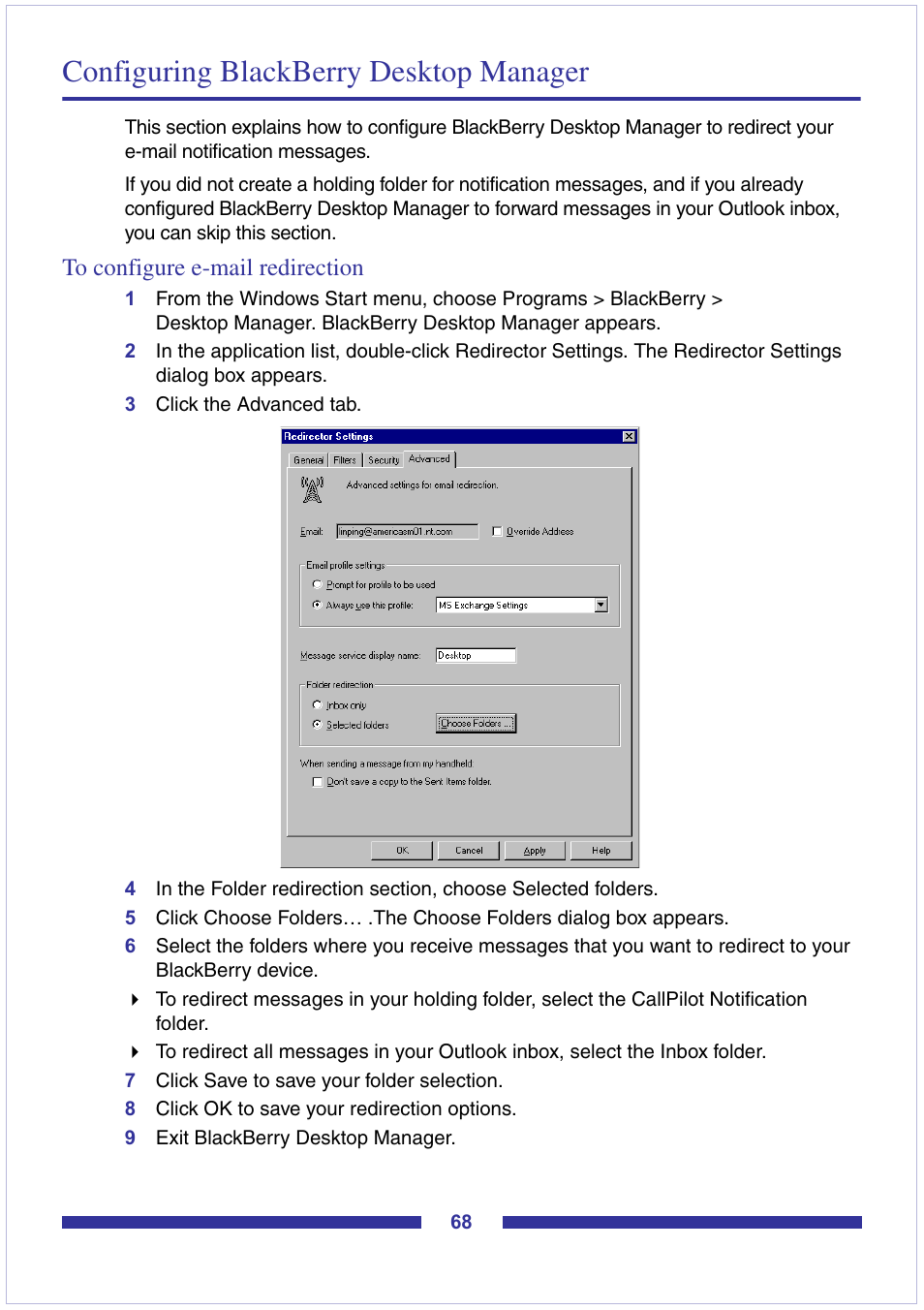 To configure e-mail redirection, Configuring blackberry desktop manager | Nortel Networks CallPilot Desktop Messaging User Manual | Page 68 / 72