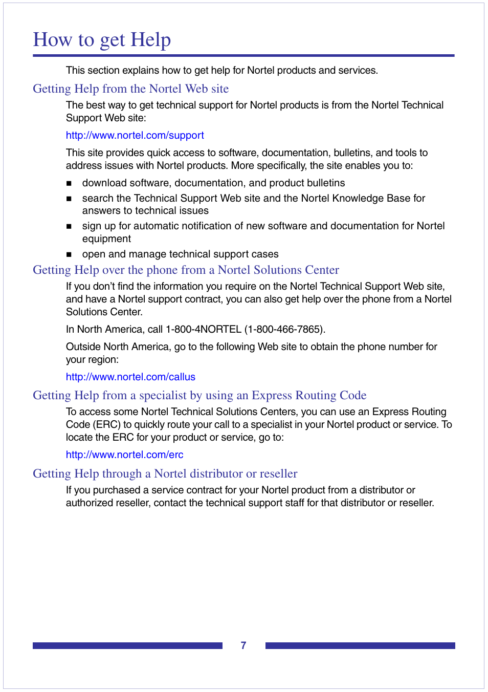 How to get help, Getting help from the nortel web site | Nortel Networks CallPilot Desktop Messaging User Manual | Page 7 / 72