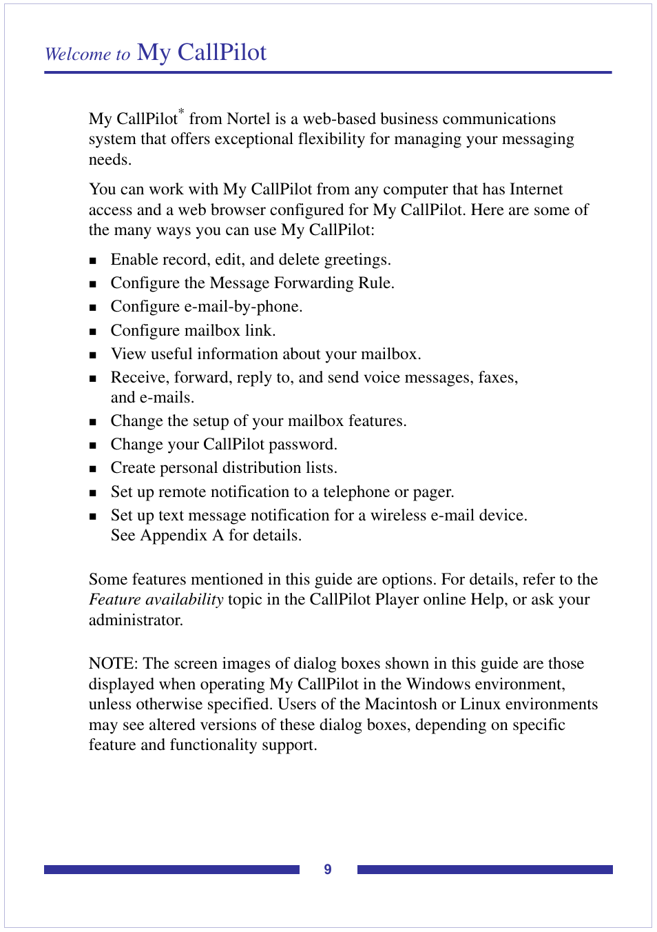 Welcome to my callpilot, My callpilot, Welcome to | Nortel Networks CallPilot Desktop Messaging User Manual | Page 9 / 72