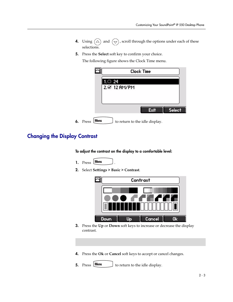 Changing the display contrast, Changing the display contrast –3 | Nortel Networks SoundPoint IP 550 User Manual | Page 25 / 96