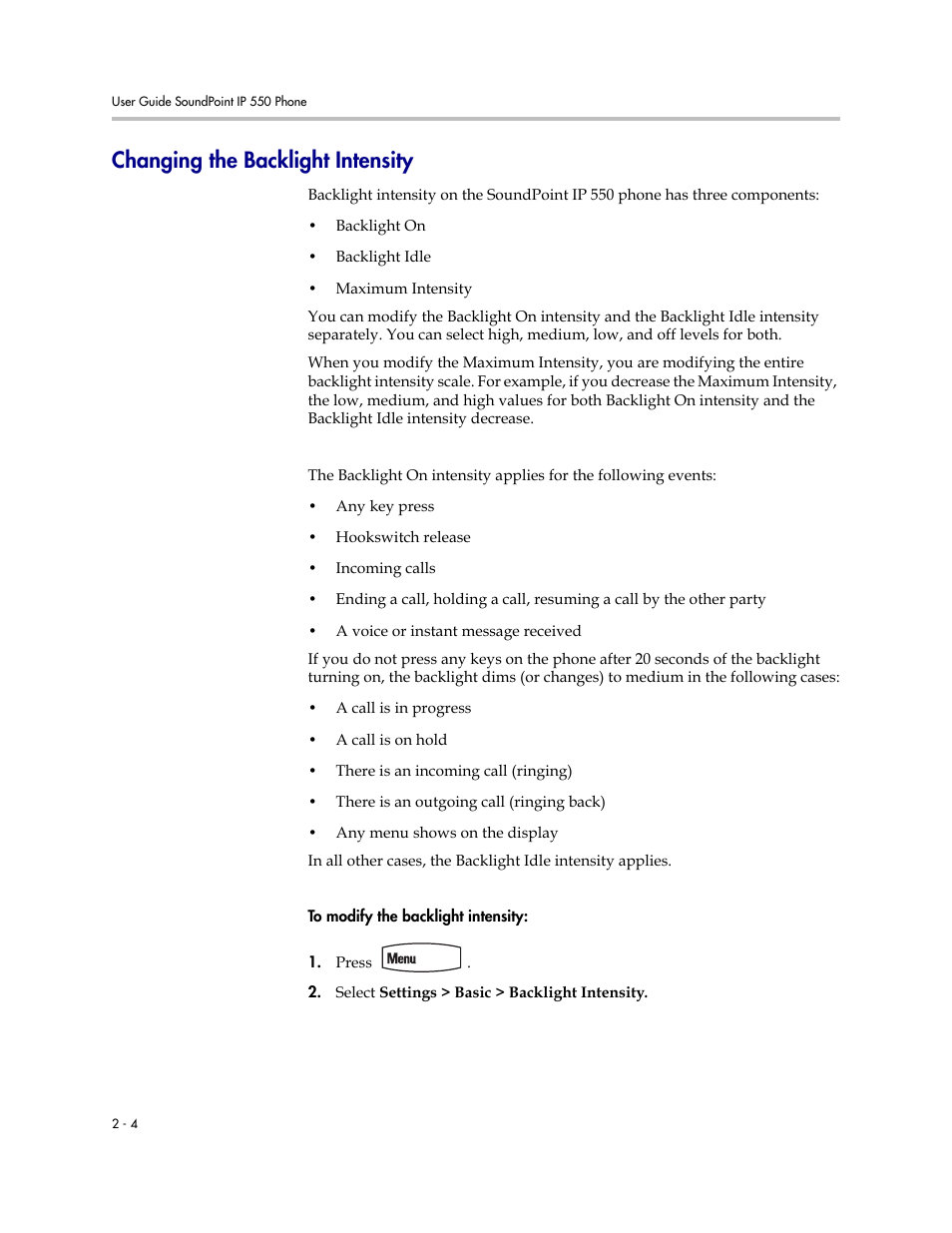 Changing the backlight intensity, Changing the backlight intensity –4 | Nortel Networks SoundPoint IP 550 User Manual | Page 26 / 96