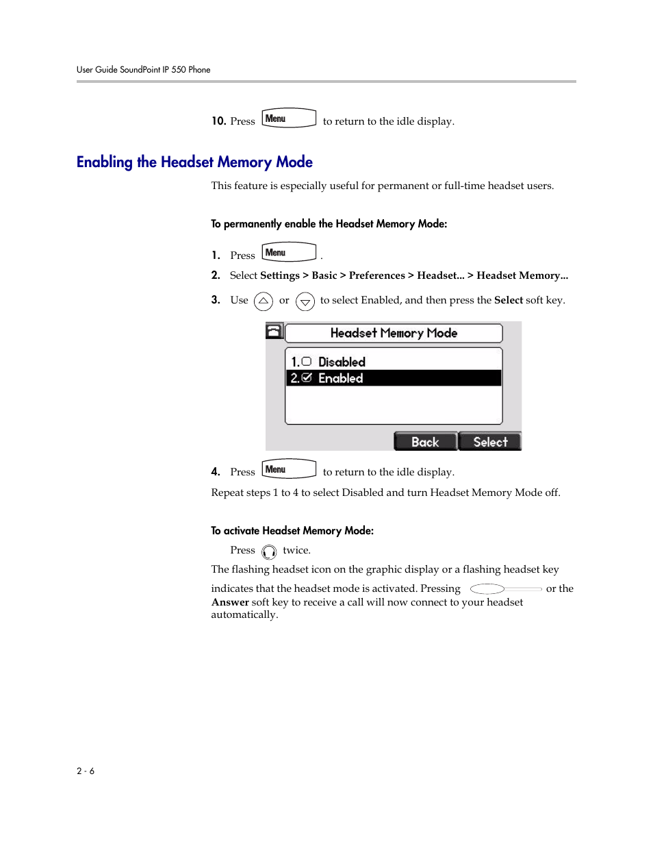 Enabling the headset memory mode, Enabling the headset memory mode –6 | Nortel Networks SoundPoint IP 550 User Manual | Page 28 / 96