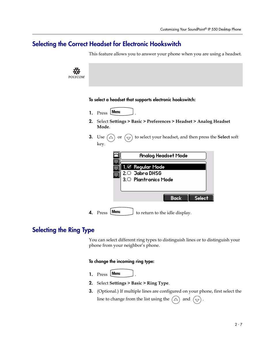 Selecting the ring type | Nortel Networks SoundPoint IP 550 User Manual | Page 29 / 96