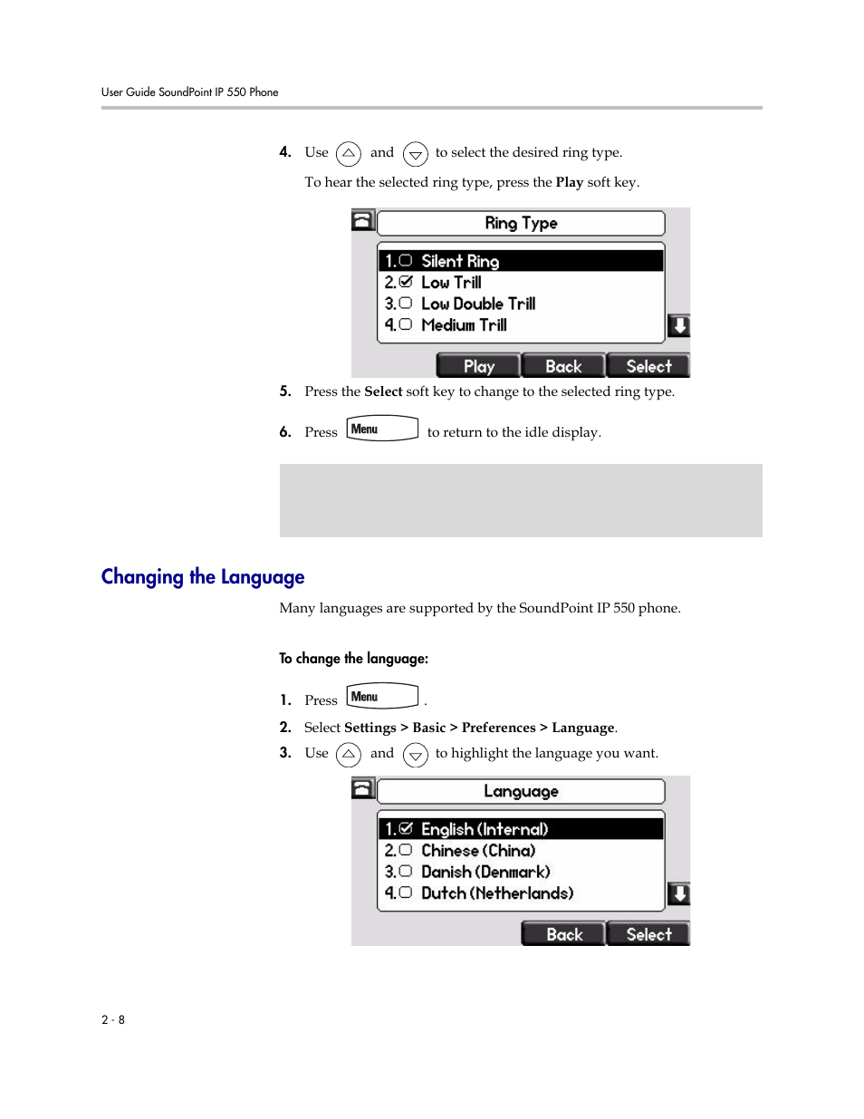 Changing the language, Changing the language –8 | Nortel Networks SoundPoint IP 550 User Manual | Page 30 / 96