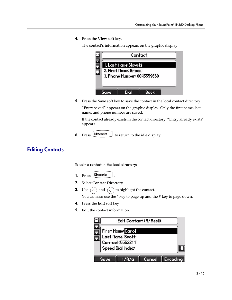 Editing contacts, Editing contacts –15 | Nortel Networks SoundPoint IP 550 User Manual | Page 37 / 96