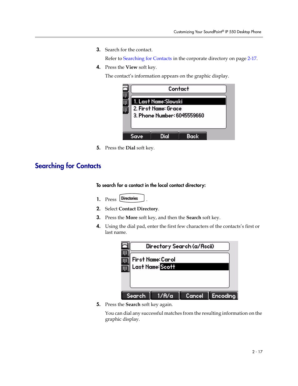 Searching for contacts, Searching for contacts –17 | Nortel Networks SoundPoint IP 550 User Manual | Page 39 / 96