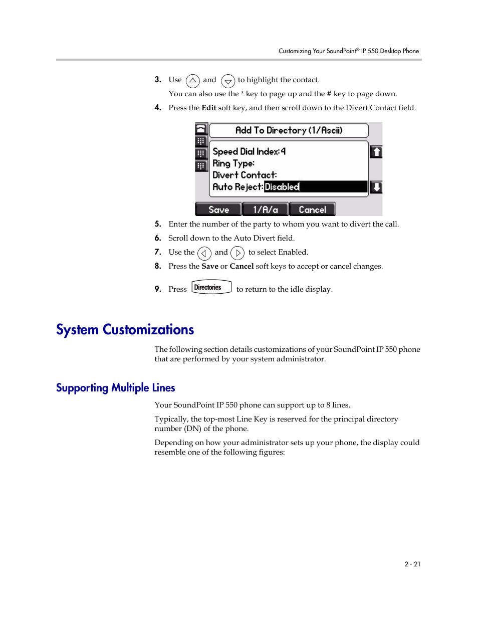 System customizations, Supporting multiple lines, System customizations –21 | Supporting multiple lines –21 | Nortel Networks SoundPoint IP 550 User Manual | Page 43 / 96