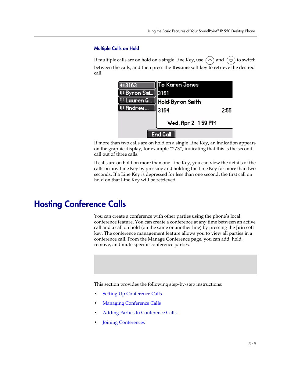 Hosting conference calls, Hosting conference calls –9 | Nortel Networks SoundPoint IP 550 User Manual | Page 55 / 96