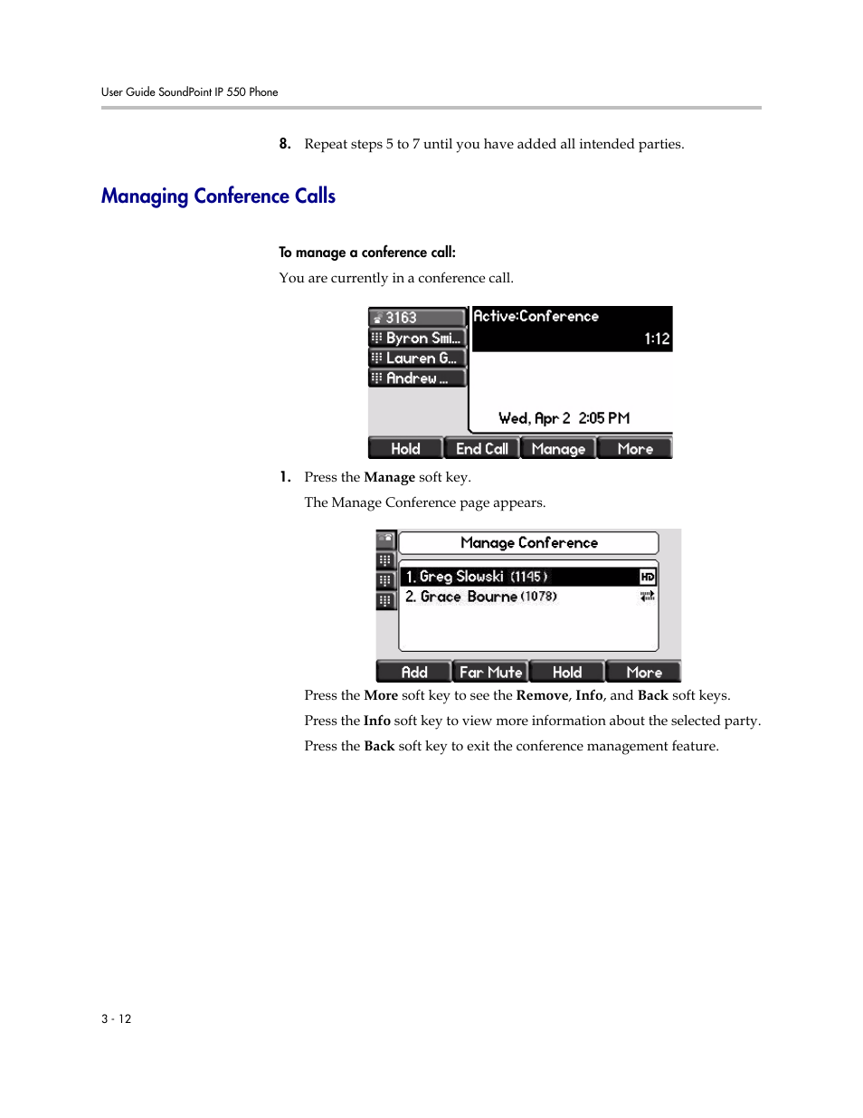 Managing conference calls, Managing conference calls –12 | Nortel Networks SoundPoint IP 550 User Manual | Page 58 / 96