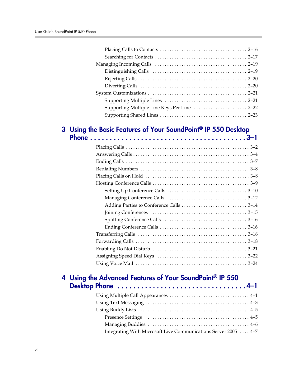 3 using the basic features of your soundpoint, Ip 550 desktop phone –1, 4 using the advanced features of your soundpoint | Nortel Networks SoundPoint IP 550 User Manual | Page 6 / 96