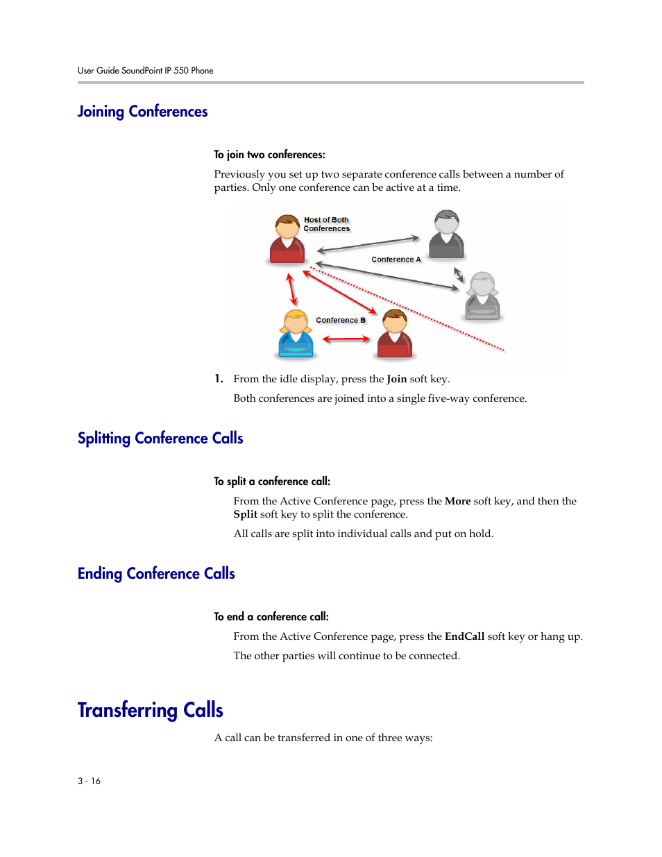 Joining conferences, Splitting conference calls, Ending conference calls | Transferring calls, Transferring calls –16 | Nortel Networks SoundPoint IP 550 User Manual | Page 62 / 96