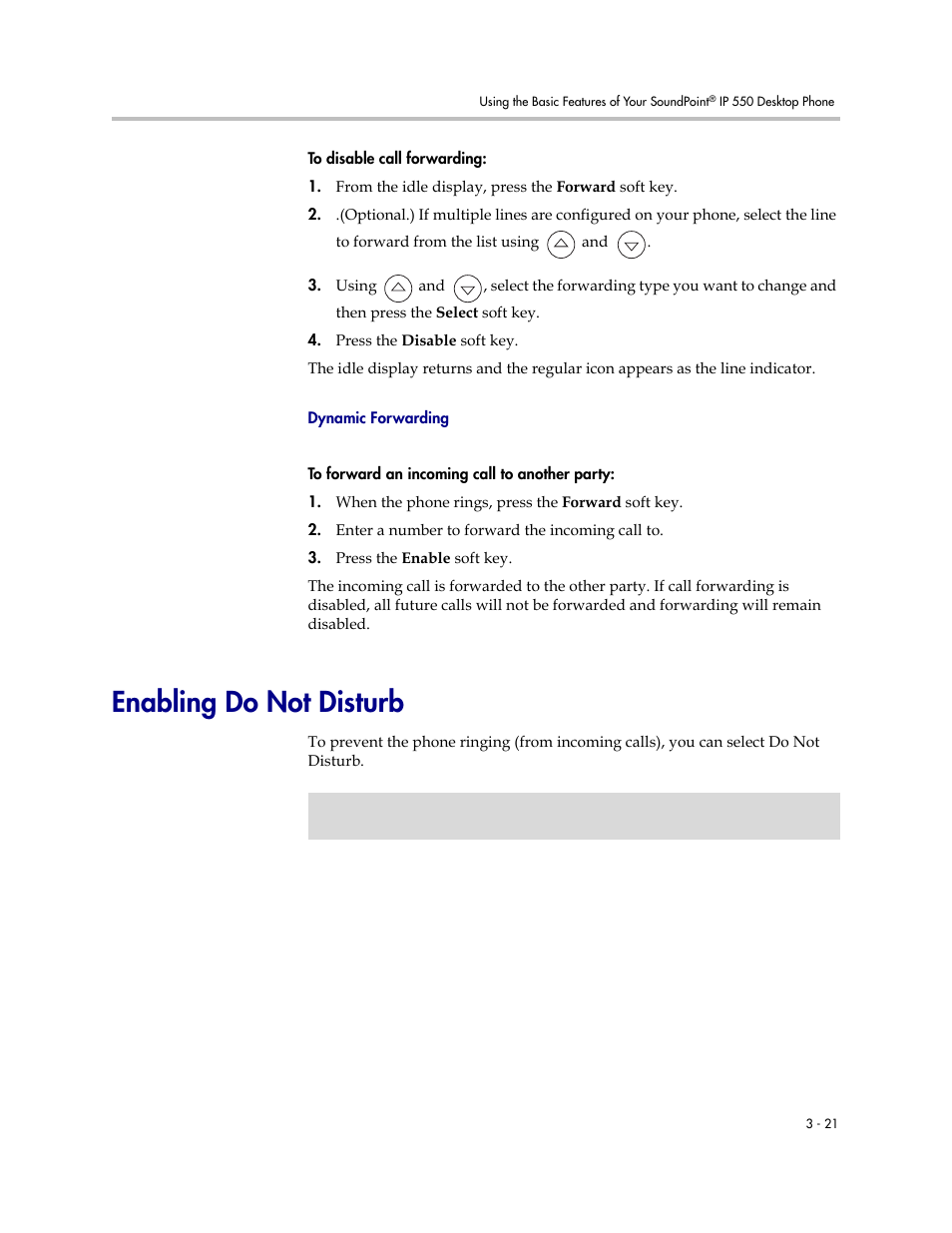 Enabling do not disturb, Enabling do not disturb –21 | Nortel Networks SoundPoint IP 550 User Manual | Page 67 / 96